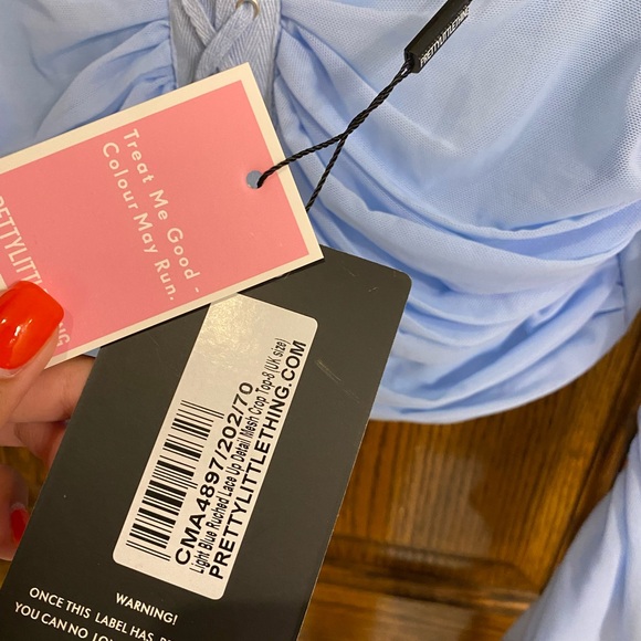 PLT- Light Blue Ruched Lace Up Detail Mesh Crop Top - Picture 7 of 8